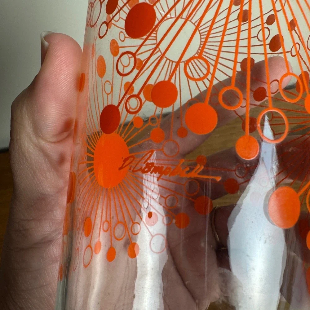 Vintage D Campbell 32 oz Glass Tumbler Orange Atomic Starburst Design Drinkware‎